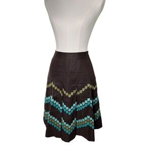 Loft Linen Embroidered‎ Skirt Size 0 Brown Blue Lined Boho Summer